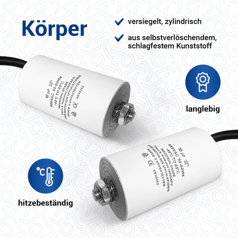 VIOKS CBB60 Capacitor 16µF 450V Universal for Electric Home Appliances | Starting capacitor motor starter capacitor motor capacitor starting capacitor, with connection cable mounting screw M8 16.00 µF cable