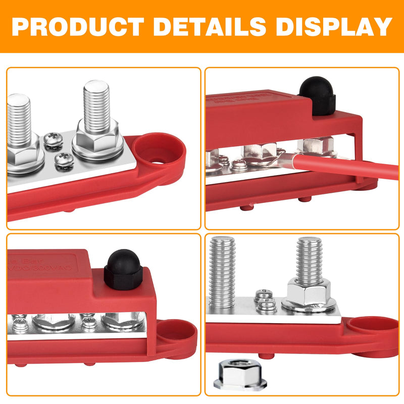 Power Distribution Block 12V 250A Bus Bar 4 x 5/16" Stud Marine, 6 x #8 Screws Terminals Block (Pair - Red & Black)