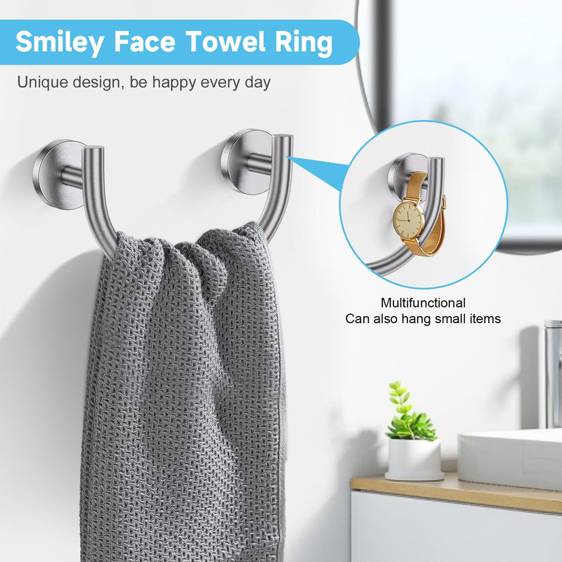 Brushed Nickel Towel Bar Set, 5-Piece Bathroom Hardware Accessories Set with Smiley Face Towel Rings, Stainless Steel Wall-Mounted Towel Holder Set for Bathroom,23.6 Inch Brushed Nickel