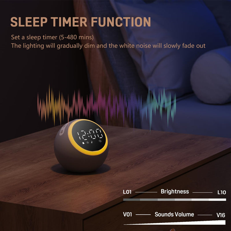 Sound Machine White Noise Machine with 25 Soothing Sounds, 5W Stereo Speaker, Dimmable Alarm Clock for Bedroom with Night Light, 1 Alarm, Sleep Timer, Ideal Gift for Baby, Kids, Adults, Seniors, Grey