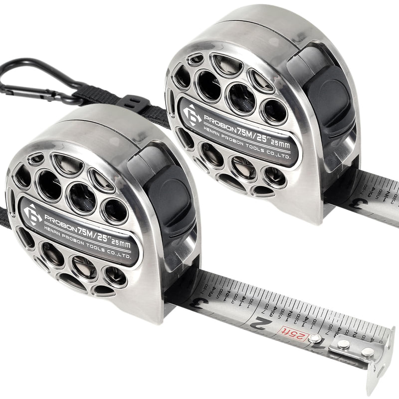 2 Pcs 25 Ft Tape Measure, Stainless Steel Double Sided Scale Retractable Measuring Tape, Anti Fall Wear Resistant Metric Ruler, Hollow Design, Self Lock Silver B