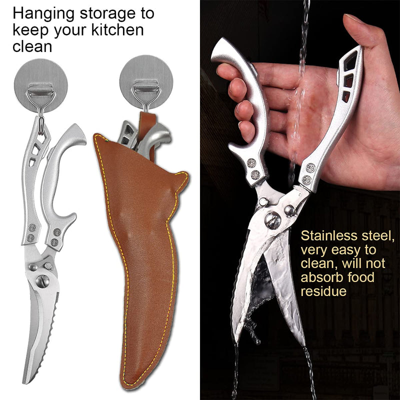 ANDONG Upgrade Heavy Duty Stainless Steel Kitchen Scissors - Professional Poultry Shears for Bone, Meat, Chicken, Fish, Turkey, Vegetables,Spring Loaded Multipurpose Ultra Sharp Utility Scissors Silver + Brown