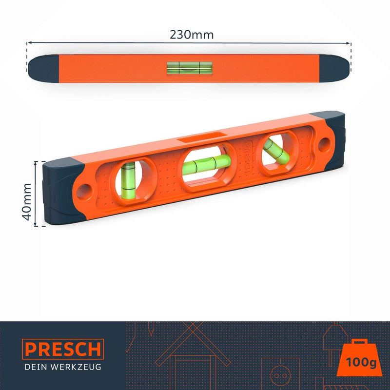 Presch Spirit Level Small Magnetic 230mm - Unbreakable magnetic spirit level with 3 levels for professionals in construction