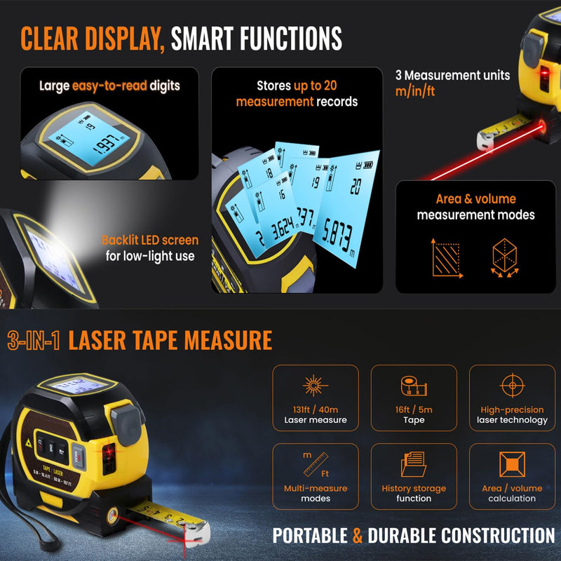 3 in 1 Digital Laser Tape Measure | Laser Level Crosshairs | 130ft/40m Laser Distance + 16ft/5m AutoLock Tape | Backlit LCD Display (Ft/Inch/M/mm & Fractions) Yellow/131FT/40meter
