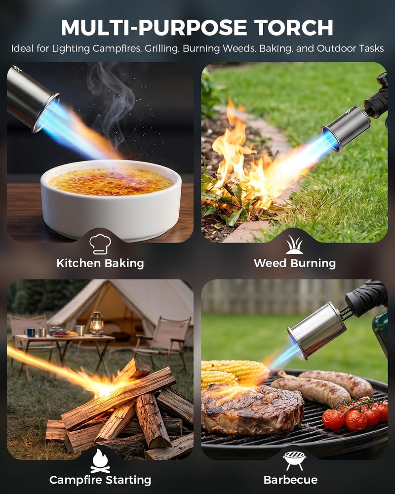 Propane Torch Gun, Weed Torch Propane Burner & Cooking Blow Torch with Safety Lock, One-Touch Max Fire, Adjustable Flame for Searing Steak, BBQ, Charcoal Starter & Weed Burning (Tank Not Included)