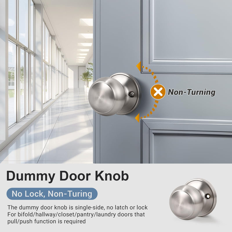 KNOBWELL 4 Pack Non-Turning Dummy Door Knobs Interior - Satin Nickel, Keyless Closet Door Knobs for French Doors，Single Side