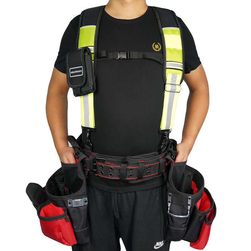 MELOTOUGH Reflective Safety Suspenders Tool Belt Suspenders Construction Work Suspenders with detachable phone holder comfortable foam shoulder padder (Lime) Safety Reflective Tool Belt Suspenders with Lime Color