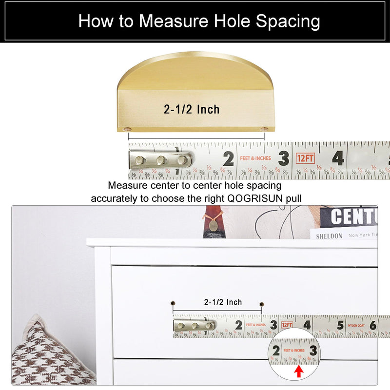 QOGRISUN 5-Pack Solid Brass Cabinet Pulls, Gold Half Moon Drawer Dresser Handles, 2-1/2-Inch Hole Center, Kitchen Cupboard Hardware, Brushed Brass Finish 2.5 Inch Hole Centers