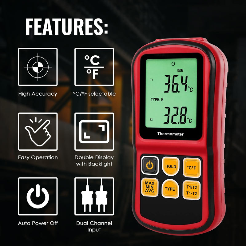 Dual Channel Thermocouple Thermometer, Type K/J/T/E/R/S/N, -150 to 1767 °C (-238 to 3212 °F) Digital Temperature Meter with Backlight Data Hold Function