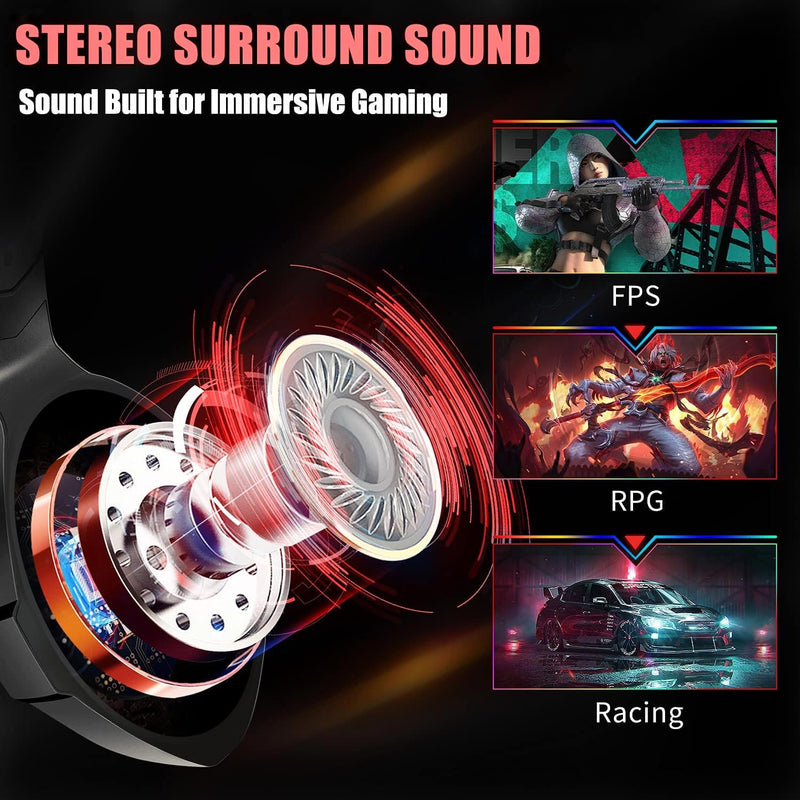 Gaming Headset for PC, Ps4, Ps5, Xbox Headset with 7.1 Surround Sound, Gaming Headphones with Noise Cancelling Mic RGB Light Over Ear Headphones for Xbox Series X/S, Switch -Red Red