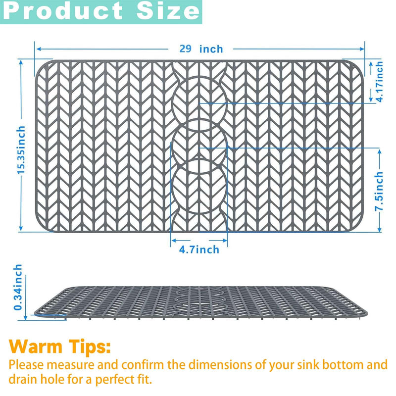 AWOKE Sink Protectors for Kitchen Sink - 29"x 15.35" Mat - Heat-resistant Easy-clean Silicone Sink Mat - for Protection of Stainless Steel Sink - with 3 Reserved Holes (Grey) 29 x 15.35