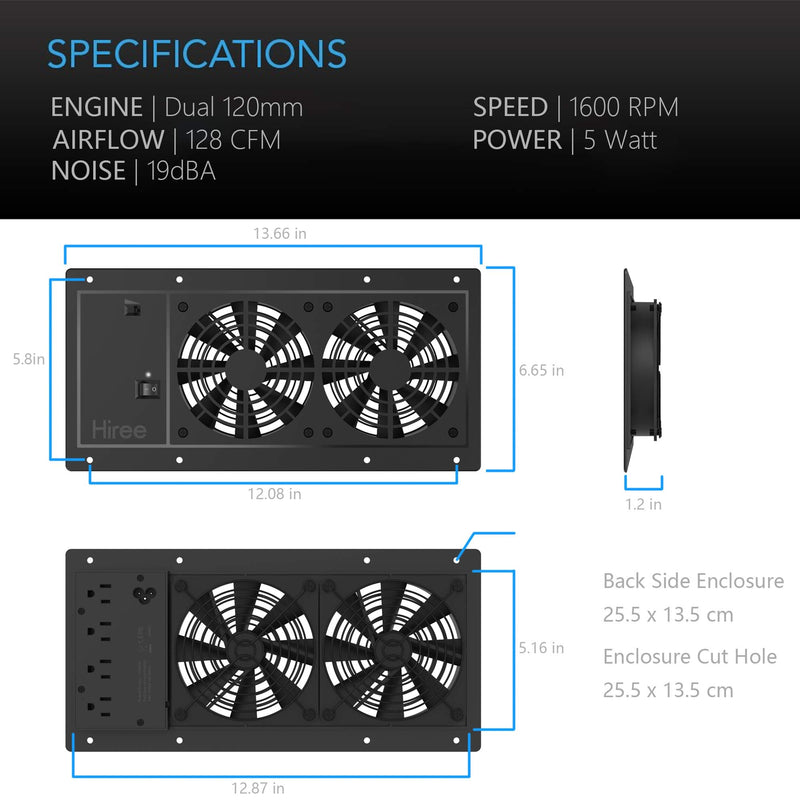 Hiree Quiet Cooling AC Fan Dual 4 inch Ventilation Axial Muffin Fan with 4 AC Power Outlet for Home Theater Receiver DVR Amps AV Computer Cabinet Closet Electronic Equipment DIY Vent Exhaust System