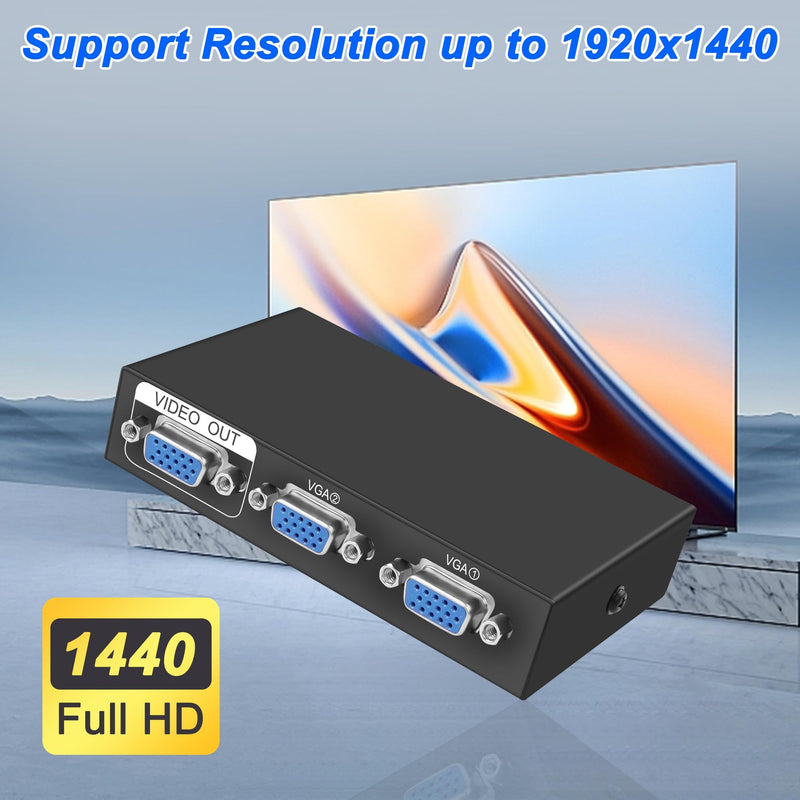 XMSJSIY VGA Switch Box 2 in 1 Out VGA Audio Video Switcher Splitter Dual Monitor 1080P 2 Port VGA Video Sharing Selector Adapter Support VGA, XVGA, SVGA, UXGA VGA Monitor Switch for PC, Projector, TV
