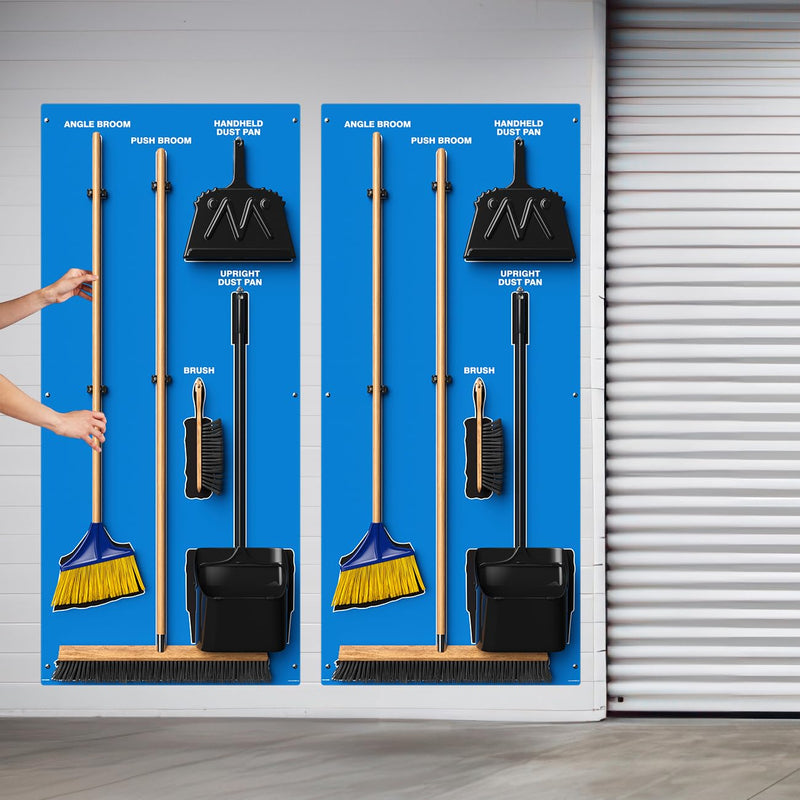 Clean & Sweep 5S Shadow Board/Wall Mount Broom Holder, 68" x 30" Board, 5S Cleaning Station - with Broom and Dustpan Set Included, Made in The USA by AccuformNMC, Blue/Black, PSB716BUBK Ultra Aluma-Lite