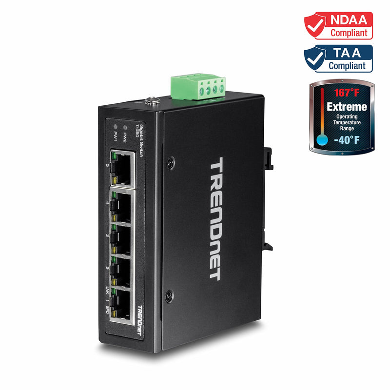 TRENDnet 5-Port Hardened Industrial Gigabit DIN-Rail Switch, 10 Gbps Switching Capacity, IP30 Rated Network Switch (-40 to 167 ºF), DIN-Rail and Wall Mounts Included, Lifetime Protection,Black,TI-G50 5 Port Switch