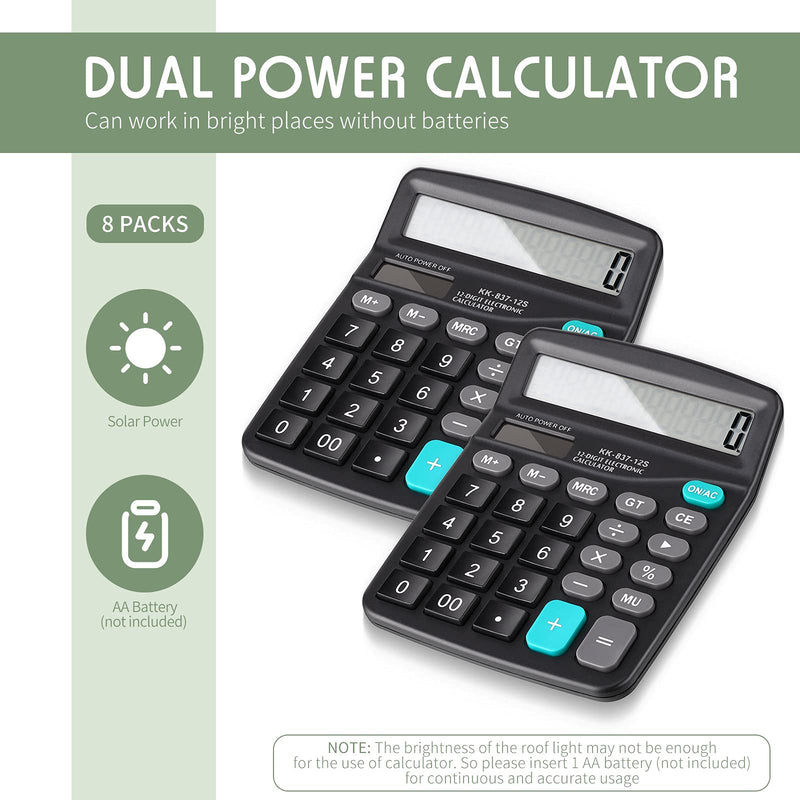 Konohan 8 Pieces 12-Digit Calculator, Solar Basic Desktop Calculator Large Display Electronic Dual Power Handheld for Home Office School(Black) Black