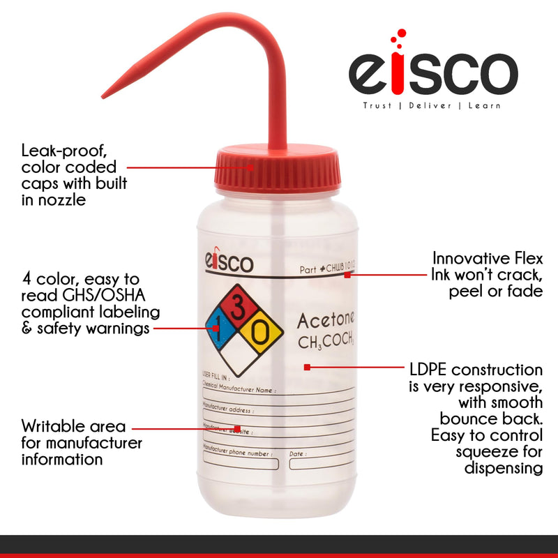 EISCO 6PK Wash Bottle for Acetone, 500ml - Labeled with Color Coded Chemical & Safety Information (4 Colors) - Wide Mouth, Self Venting, Low Density Polyethylene Labs 6