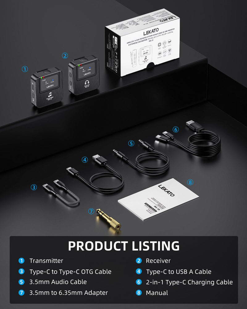 LEKATO Wireless In-Ear Monitor MS-20, 2.4G IEM System Low Latency, with Beltpack Transmitter Auto-Pairing Receiver, OTG Support, One to More, in-Ear Monitoring for Live Performance Singer Band Starter Grey