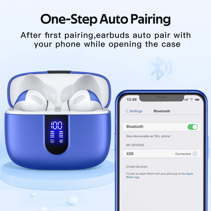 TAGRY Bluetooth Headphones True Wireless Earbuds 60H Playback LED Power Display Earphones with Wireless Charging Case IPX5 Waterproof in-Ear Ear buds with Mic for TV Smart Phone Laptop Computer Sports M Ocean Blue