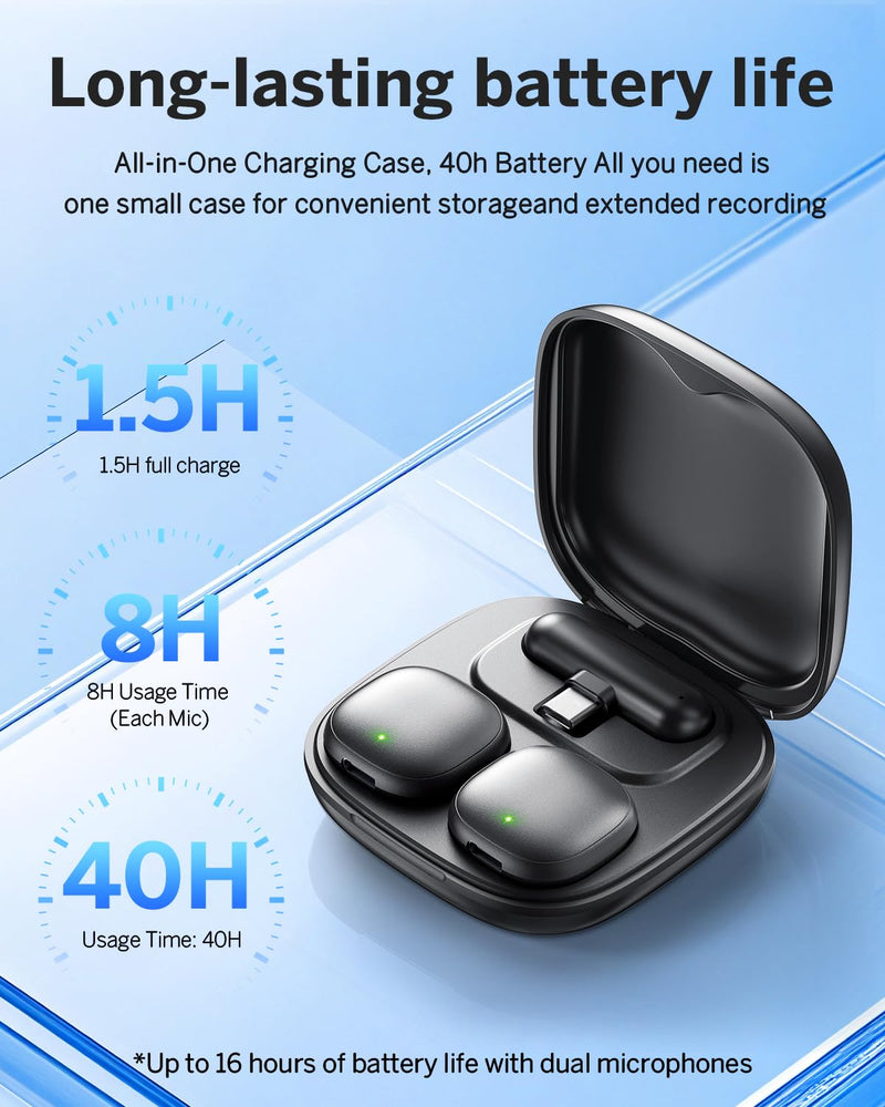 Mini Wireless Lavalier Microphone for iPhone/Android/PC/Tablets, Lapel Mics with USB-C/Lightning Plug, AI Noise Cancelling, Magnetic Mic, 40H Battery Life with Charging Case for Stream, Vlog, TikTok All iPhones & Androids (USB-C + Lightning) Black