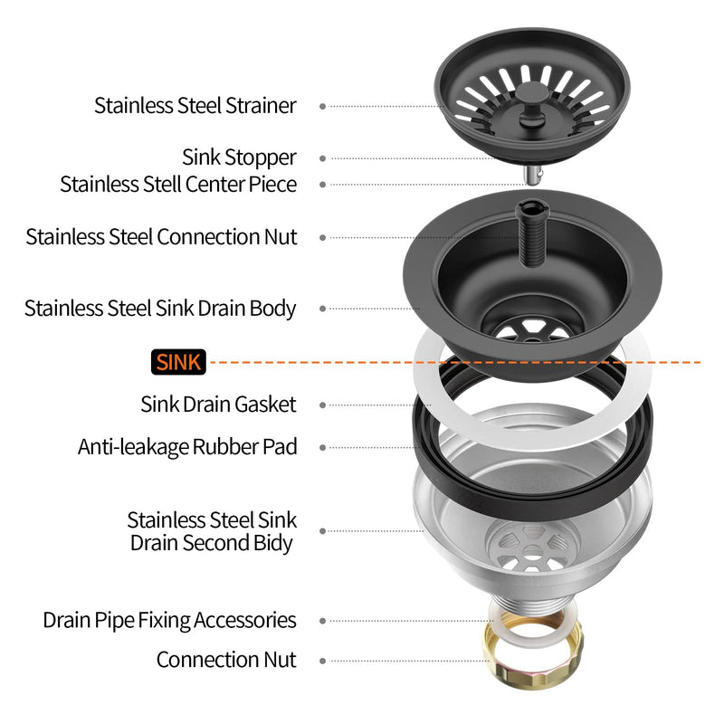 KONE Sink Drain Assembly, Kitchen Sink Drain Strainer Kit with Removable Strainer Basket Stopper, Universal fit USA Home/Commercial 3-1/2 Inch Standard Sink Drain Hole (Matte Black) Matte Black