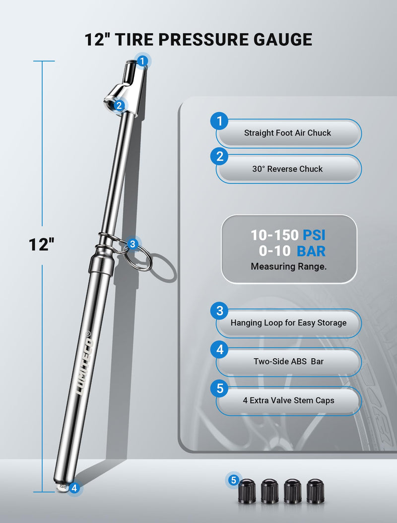 Dual Head Tire Pressure Gauge, Heavy Duty Extension Air Tire Gauge for Tire Pressure Range 10-150PSI 1-10BAR, Straight Foot Dual Head Chuck Auto Service Gage for Car,Semi Truck,RV,Motorcycle