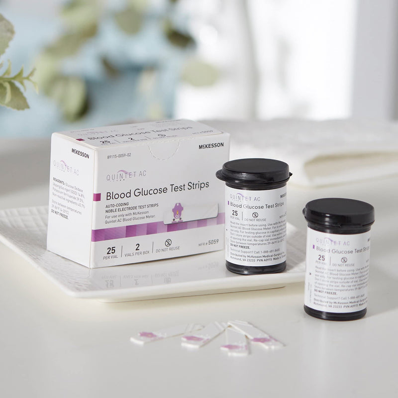 McKesson Quintet AC Blood Glucose Test Strips - Auto Coding, Noble Electrode Strips, for Self-Testing and Point-of-Care Testing of Whole Blood Glucose, 50 Strips, 1 Pack 25 Count (Pack of 2)