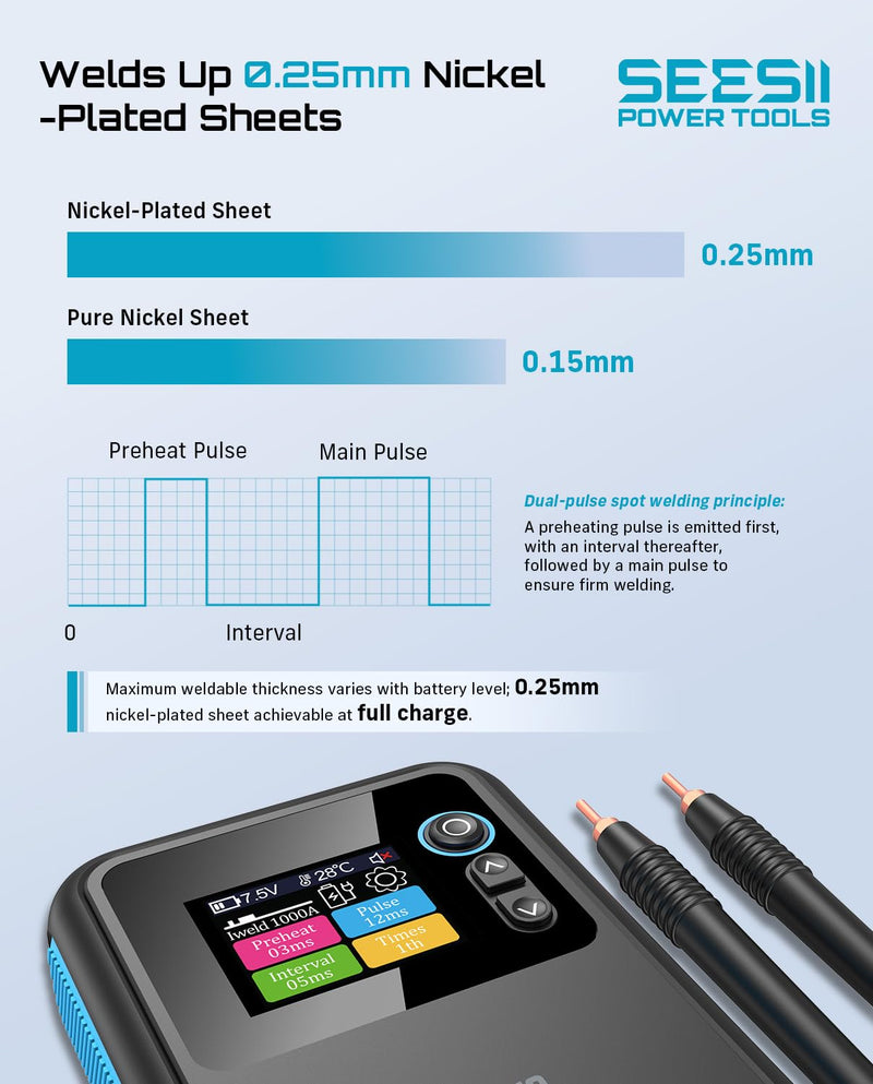 SEESII Battery Spot Welder: Continuous Welding Function, 8.0Ah Rechargeable Capacity, Portable Spot Welder with Visual Display, Perfect for DIY/Repairs Blue