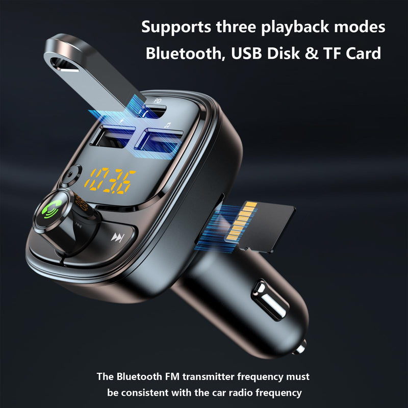 Bluetooth 5.3 FM Transmitter Car Adapter, Wireless Radio MP3 Player Stereo Music Audio Receiver Hands Free Calling, 42W (PD 30W & 12W) USB C Car Charger for iPhone, Support TF Card & USB Disk (Black) Black