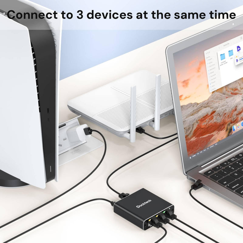 Ethernet Splitter 1 to 3 1000Mbps, Dockteck Internet Cable Splitter 1 in 3 Out High Speed Switch Network Gigabit for LAN RJ45 Port Router Switch Work with Cat5/5e/6/7/8 Cable Ethernet Splitter 1 to 3-Black