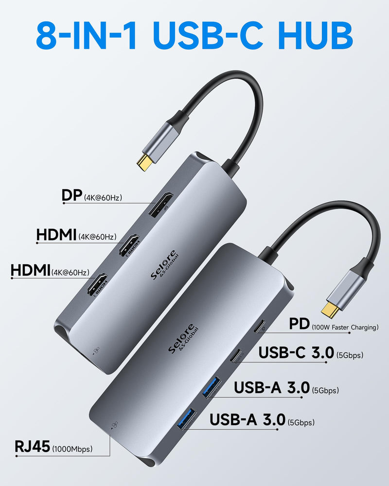 USB C Docking Station Dual Monitor, Selore Docking Station 3 Monitors Triple 4K Display with 2 HDMI, DisplayPort, 1 Gbps Ethernet, 100W PD Charging, USB 3.0 Ports Adapter for Dell, HP, Lenovo,etc Dual HDMI+DP