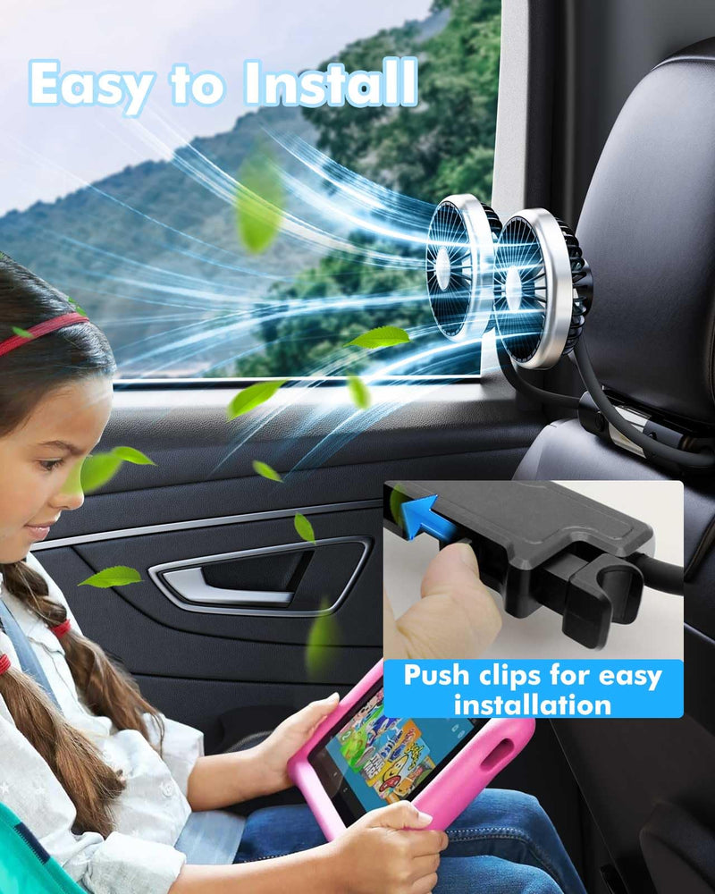 Hose Car Fan for Backseat Kids with Led Lights, USB Fan for Backseat of Car, Independent Control 3 Speeds 360°Rotatable Car Seat Fan for Baby Rear Facing, Back Seat Fan for Vehicles RV SUV Black and White