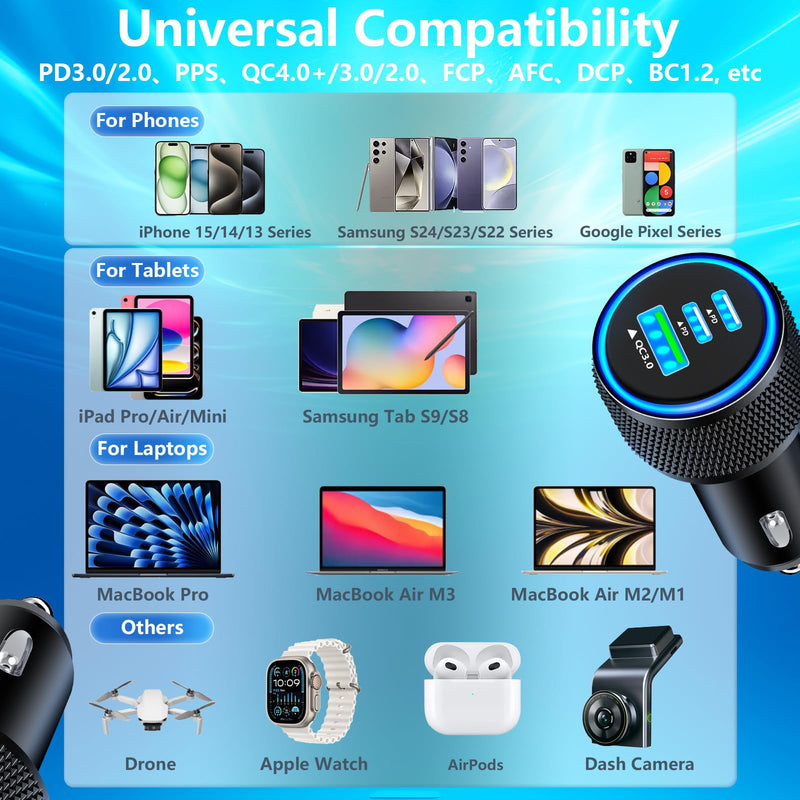 【MFi Certified】iPhone 15 Fast Car Charger, Rombica 3-Port 67W USB-C&USB-A Car Power Cigarette Lighter PD/QC Type-C Fast Car Charging+Type-C Braided Cable for iPhone 15 Pro/15 Pro Max/Galaxy/Pixel/iPad Zinc Alloy Black
