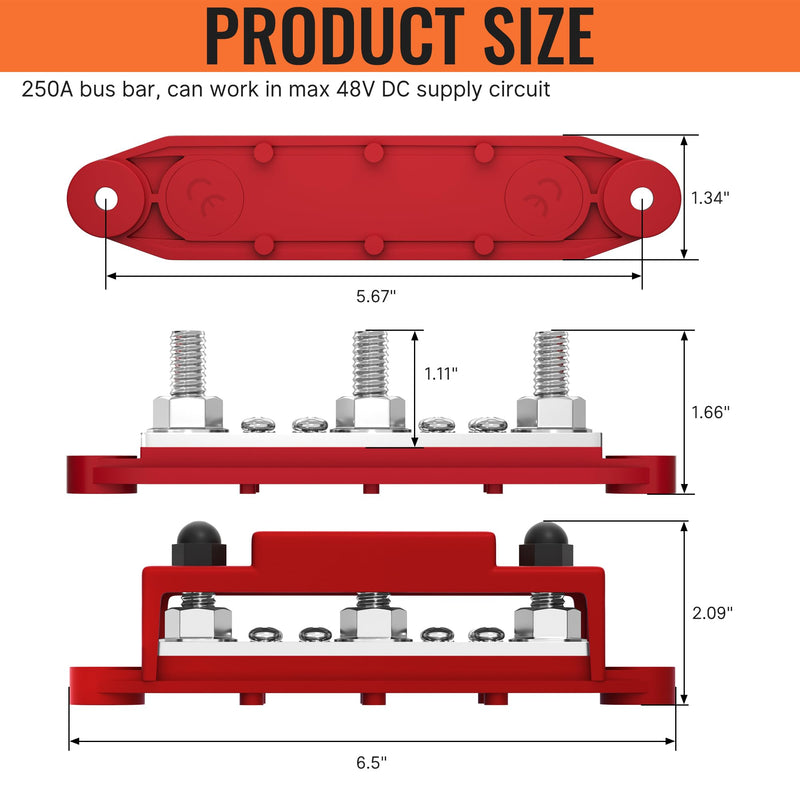 Joinfworld Bus Bar 250A 12V Power Distribution Block with 3 x 3/8"(M10) Studs Marine Bus Bar Terminal Block 12 Volt DC Battery Busbar with Cover - Negative&Positive 250A 3 x 3/8" Studs