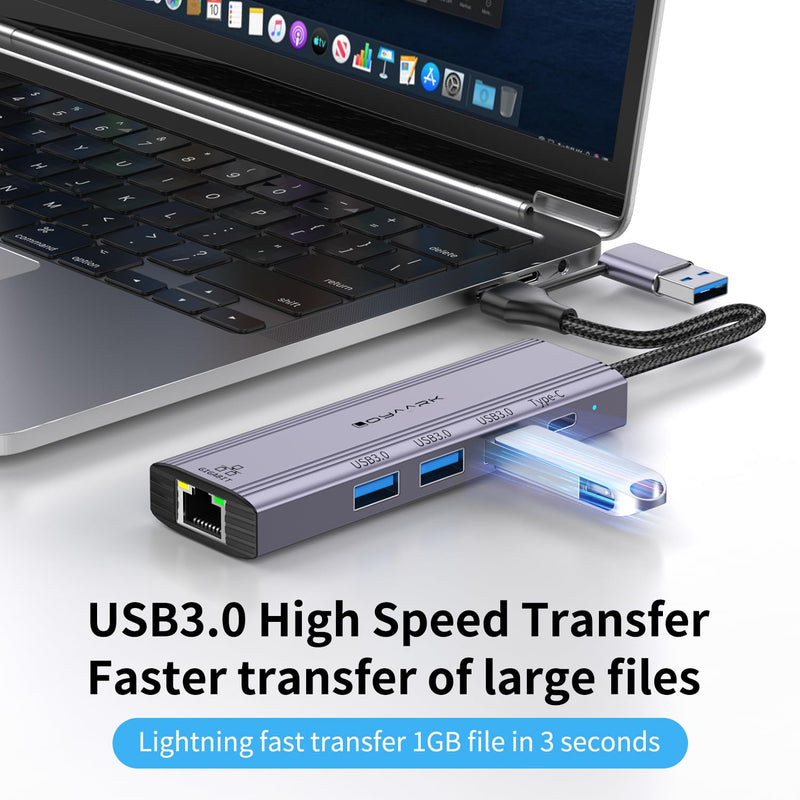 USB-C Hub with Gigabit Ethernet, 3 USB 3.0 Ports & USB-C Data Transfer - Compatible with MacBook, Chromebook T513