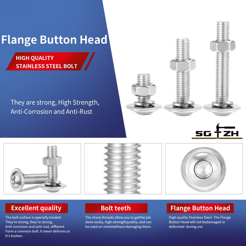 M8 x 60mm Flanged Button Head Socket Cap Screws Bolts, Nuts, Flat & Lock Washers, 20Pcs 18-8 (304) Stainless Steel, Bright Finish, Fully Threaded, by SG TZH (with Hex Spanner) M8 x 60mm Silver 20