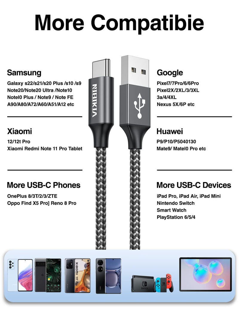 USB C cable [2 pieces/2M+2M] charging cable USB C 3.1A Type C fast charging cable, nylon USB A to USB C charging cable for Samsung Galaxy S23 S22 S21 S20 S10, A53 A52 A33 A34 A20e A14 A13 etc. Grey
