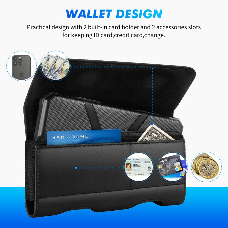Mopaclle Phone Holster for Galaxy A73 5G A72 A23 A54 A42 A14 A03 A04s F13, iPhone 15 Pro Max 15 Plus Xs Max Moto G14 Leather Phone Belt Clip Pouch Belt Holder Case (Fits w/Phone Otterbox Case) Leather- Black XL (6.85x 3.6x 0.75 in)