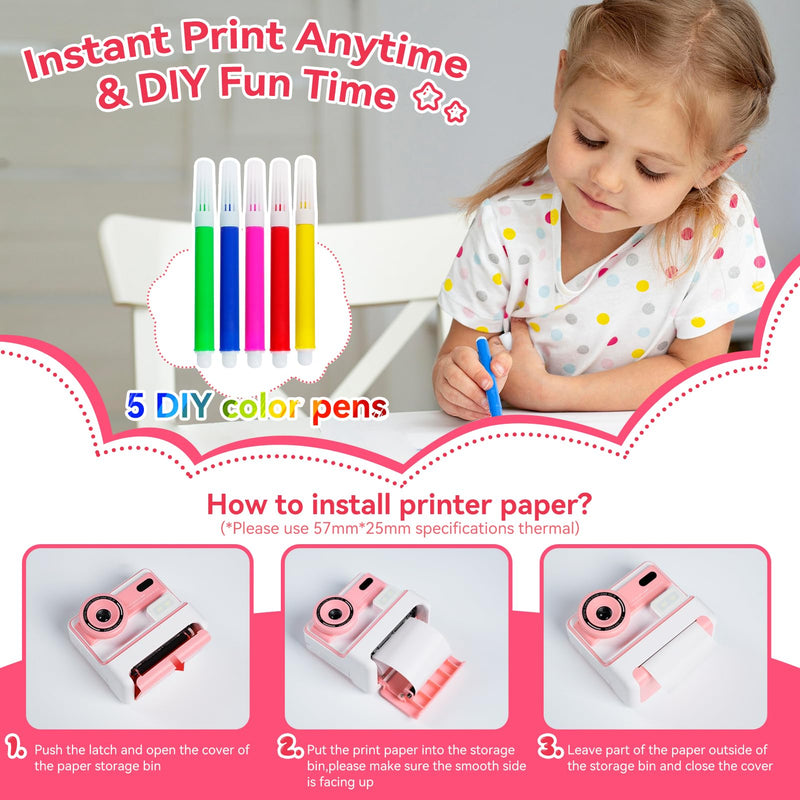 Instant Print Camera for Kids Toddler Camera Print for Girls Boys Age 3-12 2.4 Inch Screen 1080P Selfie Toddler Cameras for Children Birthday Gifts with 3 Rolls Print Paper & 32G Card(Pink) Pink