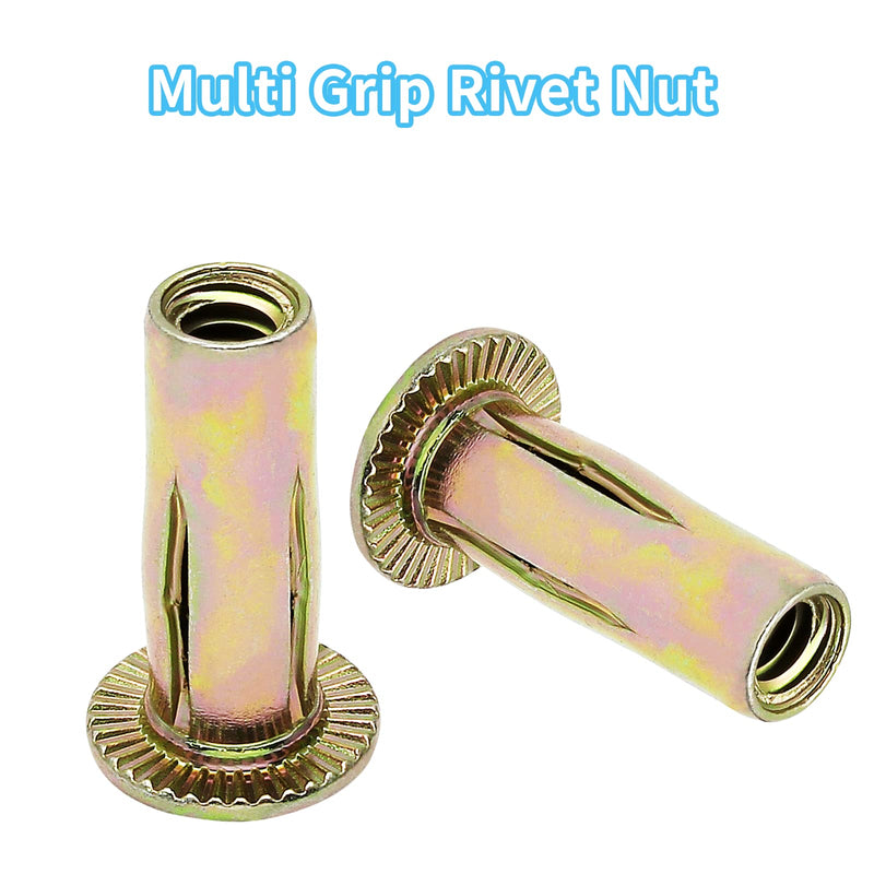 100Pcs Steel Multi Grip Rivet Nuts Pre Bulbed Shank Zinc-Plated Flat Head Threaded Insert Nut Construction Fasteners for Industrial (1/4-20) 1/4-20 Inch 100