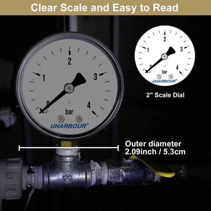 UHARBOUR pressure gauge water 0-4 bar, pressure gauge 1/4 inch, pressure gauge compressed air lower bracket, compressed air pressure gauge 1/4 BSP brass connection
