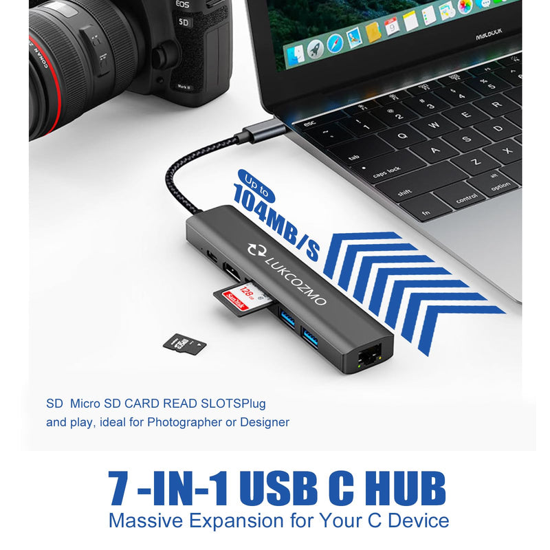 USB Hub 3.0, 7 in 1 USB Hub with 1000M Ethernet, 4K HDMI, 2 USB3.0, 100W PD, SD/TF Card Reader Docking Station Compatible with Your Cell Phone MacBook/Dell/HP/Surface/Lenovo/Steam Deck Dark gray
