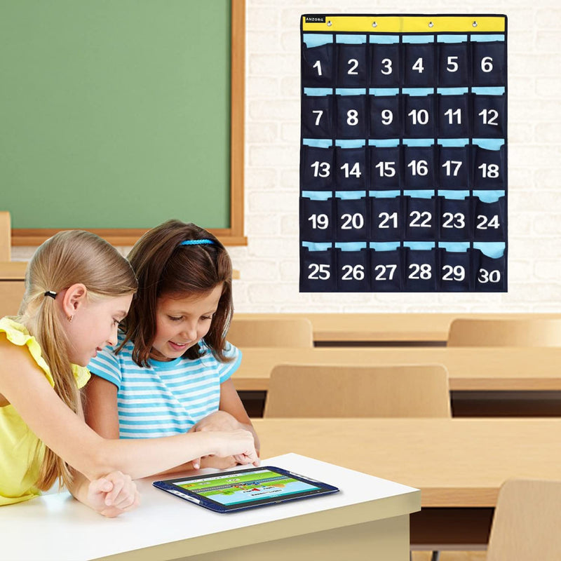 2 Pack Numbered Classroom Phone Organizer Calculator Holder Storage Over Door Hanging School Pocket Chart with 30 Pockets (Blue) Blue