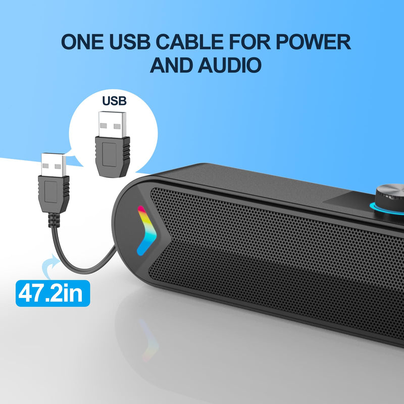 LENRUE Computer Speakers for Desktop, 10W PC Speakers for Desktop/Laptop/Tablet/Monitor, Single-Wired USB Soundbar Speaker,Plug-n-Play,No Sound Delay(Black-USB) Black-USB