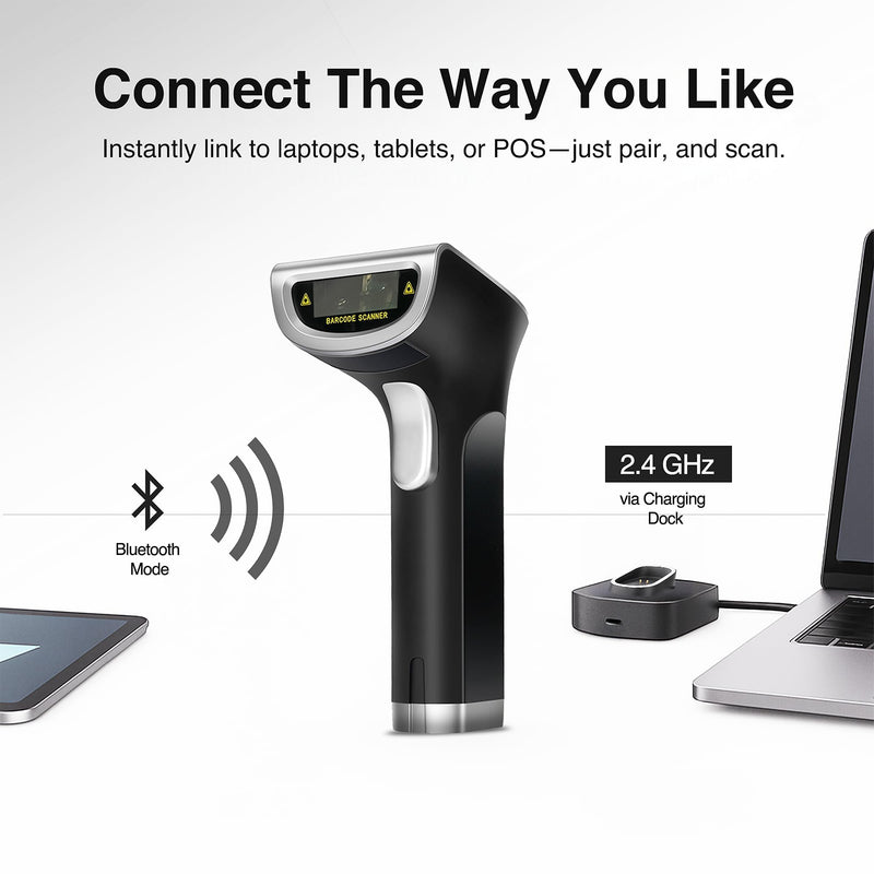 Scanmarker 1D/2D Wireless Barcode Scanner – Boost Speed & Accuracy with Bluetooth & 2.4G Modes – Handheld QR Code Scanner with Charging Stand for Easy scanning on Laptop, iOS & Android