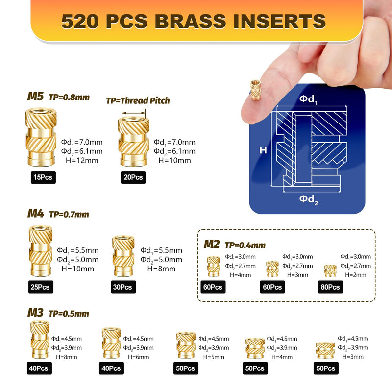 Professional Heat Set Insert Tool Kit: 80W Soldering Iron Heat Insert Tool with 520pcs Brass Inserts & Heat Set Insert Tips (M2-M8) for 3D Printing Tools + 520Pcs Heat Inserts