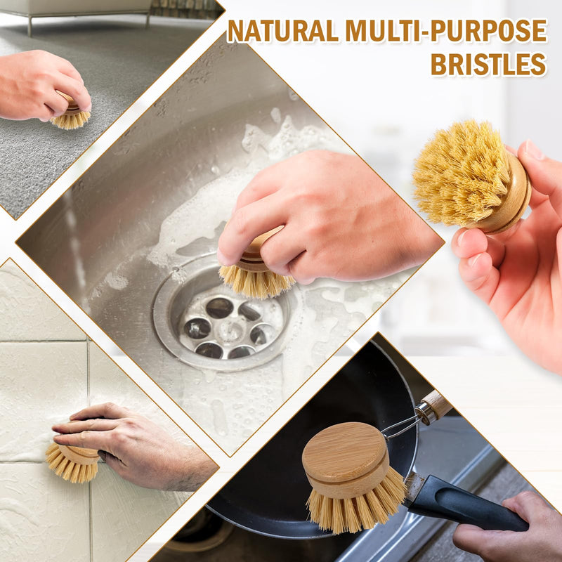 Bamboo Dish Brush - 6 Replacement Heads, Soft Sisal Bristle Scrubber, Brush for Kitchen Cleaning