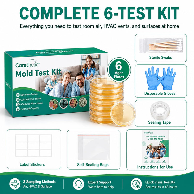 Carethetic Mold Test Kit for Home, 6 DIY Agar Plates for Air, HVAC and Surface Testing, Indoor Mold Testing Kit with Swabs, Gloves, Bags and User Manual