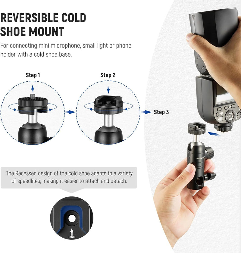 NEEWER 2 Pack Light Stand Mount Adapter with Cold Shoe, 1/4" Screw Mini Ball Head, Reversible Mount Plate for Camera Monitor Ring Light, Fits Flat Head Light Stand/Boom arm/C Stand, Max Load 22lb/10kg
