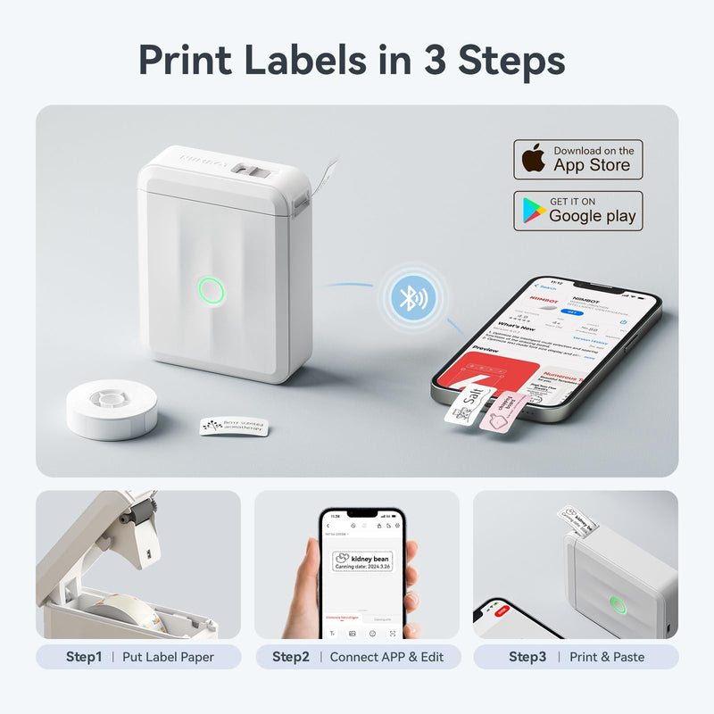 NIIMBOT D110 Upgraded Version Mini Label Maker Machine with Tape, Portable Bluetooth Thermal Printer, Sticker Labeler with Multiple Templates for Office Organization Home Kitchen School, White Printer + 1 Tape